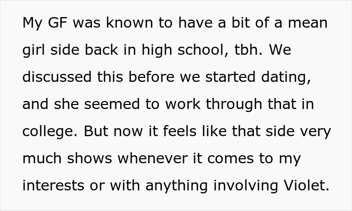 Text excerpt discussing GF's mean side showing up and reconsidering relationship over trip with female friend.