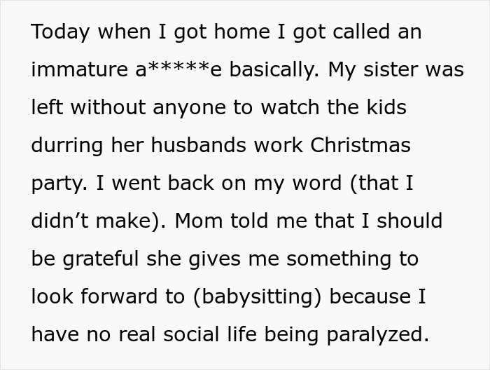 Text excerpt discussing a paralyzed woman refusing to babysit, with a mom saying she should be thankful.