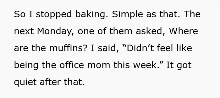 Text showing someone explaining they stopped baking for colleagues due to being called the office mom, creating awkwardness at work.