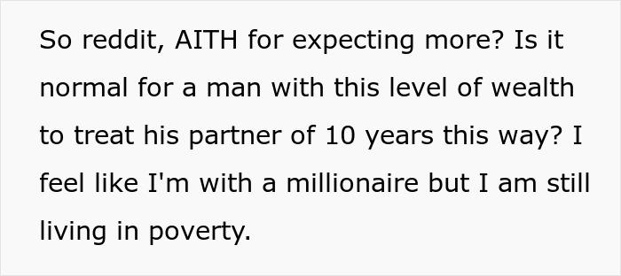 Text post discussing a girlfriend asking for a small financial favor from millionaire boyfriend and being forced to take a loan. Text post discussing a girlfriend asking for a small financial favor from millionaire boyfriend and being forced to take a loan.