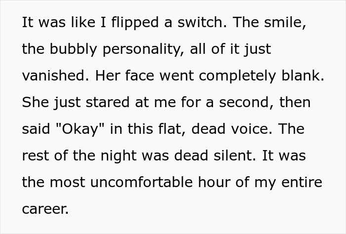 Text describing a man shuts down younger coworker flirt, showing a tense and silent moment after the conversation. Text describing a man shuts down younger coworker flirt, showing a tense and silent moment after the conversation.