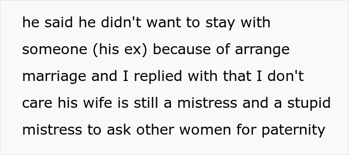 Text message conversation accusing man's wife of cheating and mentioning ex-mistress and family conflict.