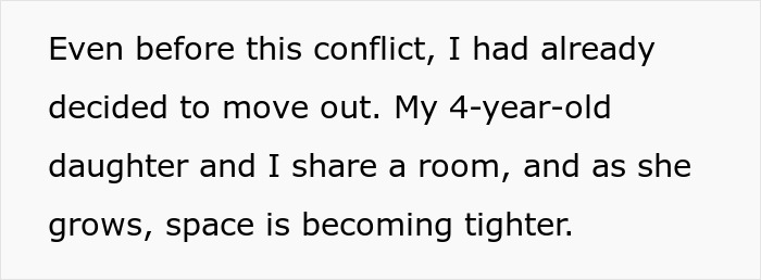 Text about moving out and sharing a room with a 4-year-old daughter, highlighting space becoming tighter.