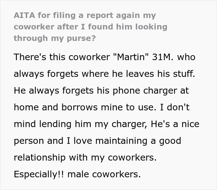 Alt text: Text discussing a woman reporting her coworker for snooping around in her purse and the trouble that followed.