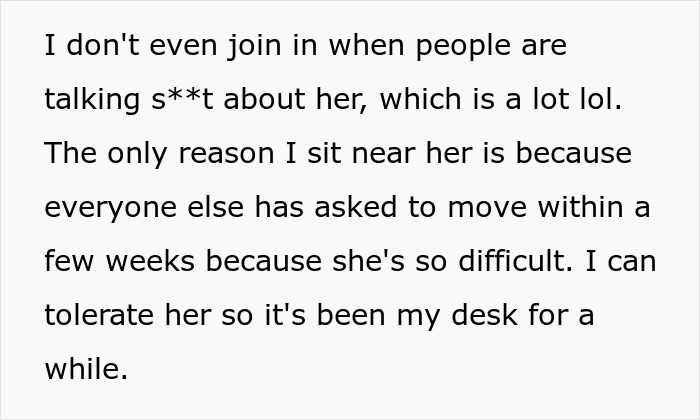 Text discussing a coworker sensitive to smells, explaining reasons for sitting near her despite difficulties. Text discussing a coworker sensitive to smells, explaining reasons for sitting near her despite difficulties.