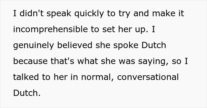 Text excerpt explaining a woman speaking conversational Dutch to embarrass a new colleague who claimed to know the language.