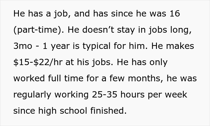 Text excerpt about a 20-year-old with short-term jobs earning $15-$22/hr, working 25-35 hours weekly after high school.