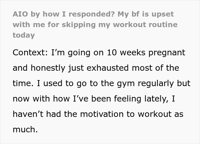 Screenshot of a text conversation where a pregnant woman explains being too sore and tired to work out, facing accusations.