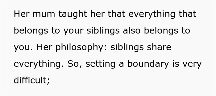 Text about siblings sharing everything and difficulty setting boundaries, relating to stepsister gift conflict story.