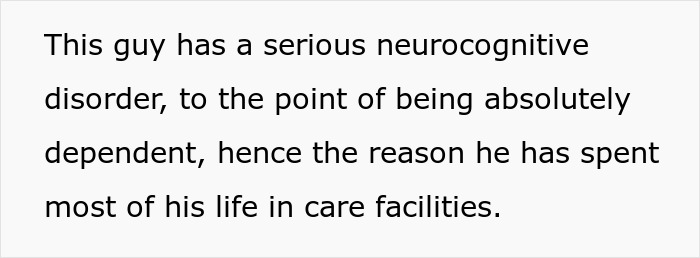 Text showing explanation of a serious neurocognitive disorder causing full dependence and lifelong care facility stay.