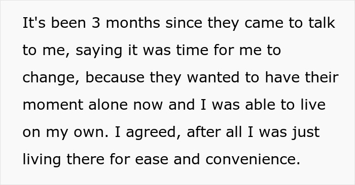 Text excerpt describing a daughter being asked by parents to move out so they can remodel her room and live alone.