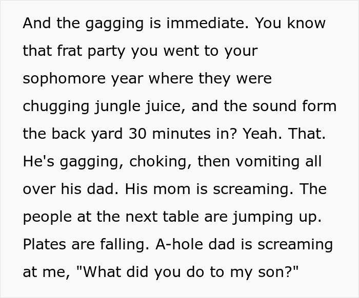 Dad steals stranger&rsquo;s spicy chicken sandwich causing chaos as the child gags and vomits in a crowded restaurant.