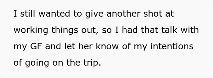 Text excerpt about boyfriend reconsidering relationship after girlfriend opposes trip with female friend.