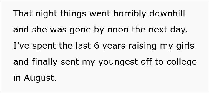 Text excerpt about a dying wife, husband raising daughters, and sending youngest daughter off to college.