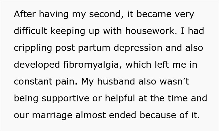 Text describing a tired mom facing challenges with housework, postpartum depression, and lack of support.