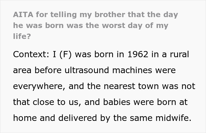 Text excerpt about a woman making her brother feel hated after delivering him in a rural area without ultrasound.