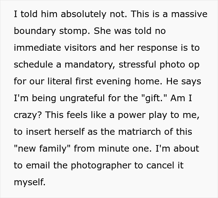Text discussing overbearing MIL booking a stressful photoshoot just after DIL gives birth, causing conflict with hubby.