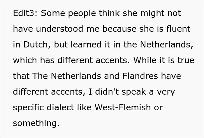 Text discussing differences in Dutch accents and dialects, related to a woman embarrassing a new colleague.