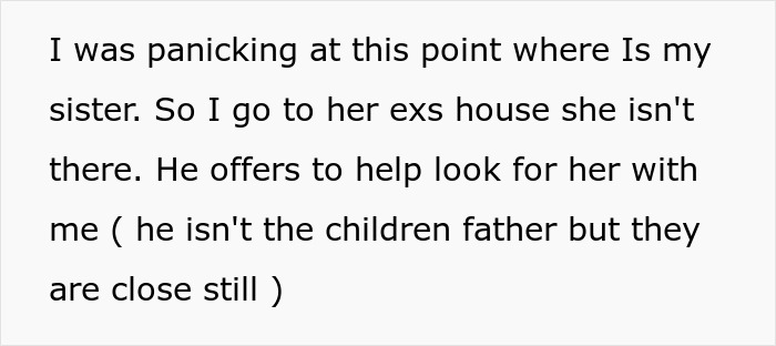 Text excerpt about sister helping look for children&rsquo;s mother after abandonment, highlighting sibling support and family struggles.