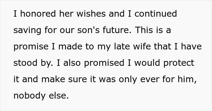 Text on a white background describing a promise to protect and save money for a son's future as wished by a late wife.
