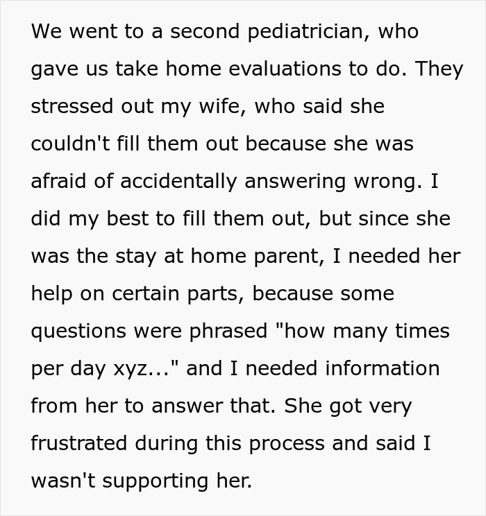 Text excerpt from a personal story about frustrations with a spouse during evaluations in an AITAH relationship context.