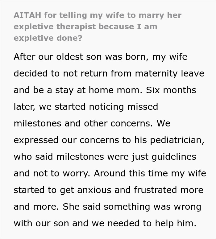 Text excerpt discussing a wife&rsquo;s therapist and marital issues after maternity leave and concerns about their son&rsquo;s milestones.