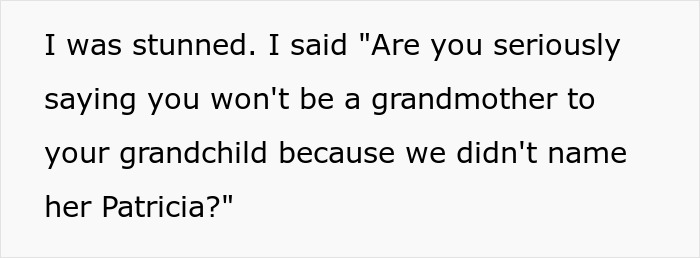 Text excerpt showing a quote about refusing to be a grandmother due to the grandkid not being named Patricia.