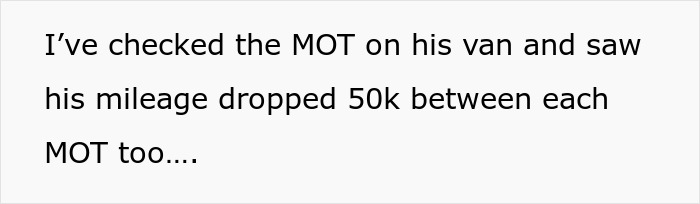 Text excerpt discussing van mileage drop between MOT checks related to male Karen blocking neighbor's driveway incident.