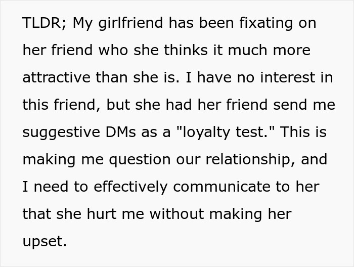 Man rethinking relationship after girlfriend&rsquo;s loyalty test sends suggestive messages from a friend.