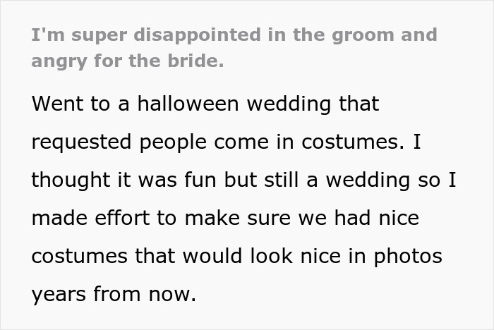 Alt text: Guest disappointed and angry about a Halloween wedding with costume requests affecting the ceremony experience.