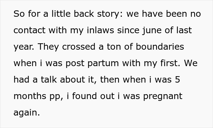 Text explaining no contact with toxic in-laws postpartum, highlighting couple&rsquo;s boundary setting around newborn visits.