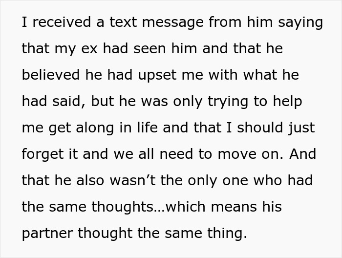 Text message about man siding with daughter's cheating ex during difficult divorce, urging to move on and forget past grievances.