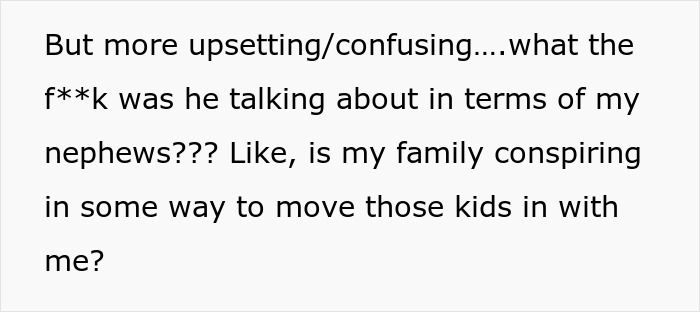 Text excerpt showing confusion and worry about a dad upset and daughter&rsquo;s home situation involving family and nephews.