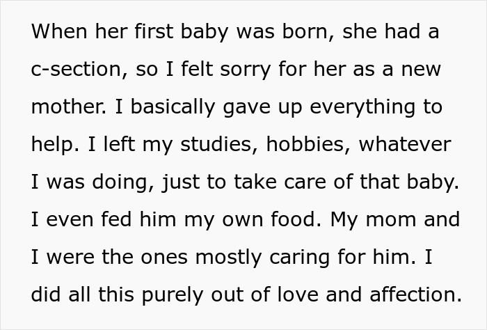 Text excerpt from a woman sharing how she gave up her life to babysit her cousin&rsquo;s wife&rsquo;s baby out of love and affection.