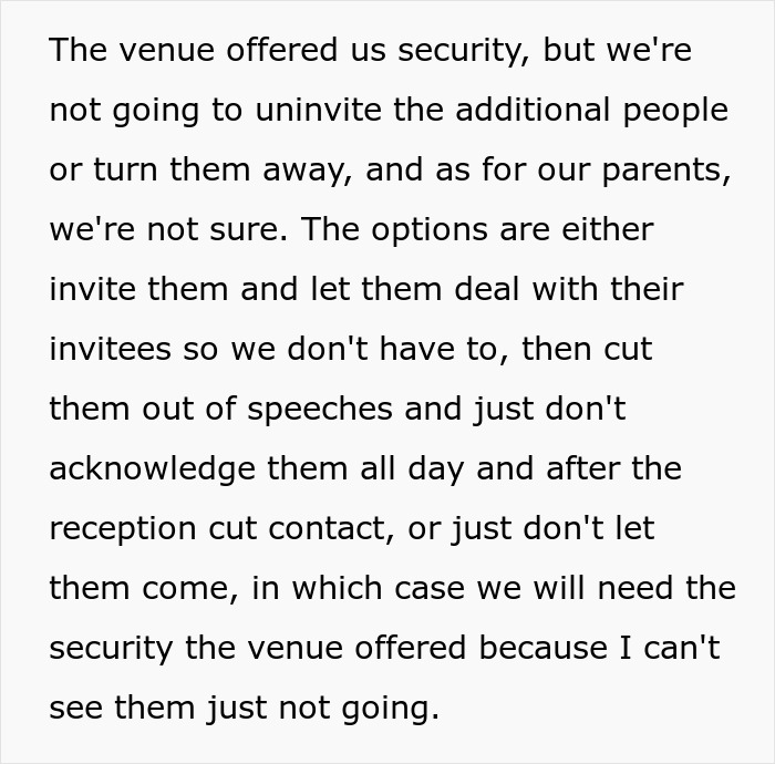 Couple discusses how their wedding was sabotaged by parents days before the ceremony and venue security options.