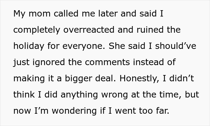 Text message showing a woman reflecting on kicking family out after a conservative uncle&rsquo;s comments at Thanksgiving dinner.