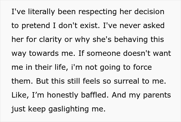 Text about sibling cutting off contact, being blocked on Instagram, and parents ignoring the issue while gaslighting.