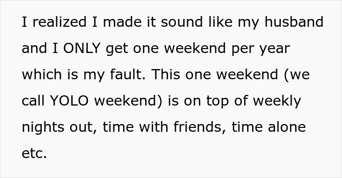 Text explaining a husband using boys trip as a disguise for his affair and refusing to come home during family emergency.