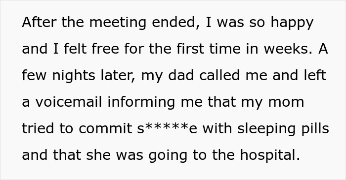 Voicemail about mom's s*****e attempt revealed after parents lied about food allergies, causing daughter no contact.