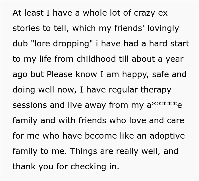 Text excerpt about a man&rsquo;s difficult past, therapy, and supportive friends helping him through tough times.