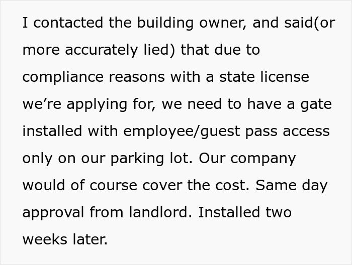 Text about contacting building owner to install a gate with employee guest pass access in daycare parking lot for compliance.