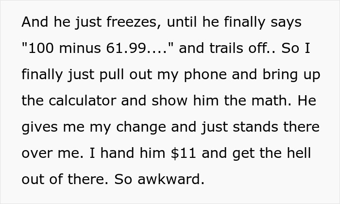 Text excerpt describing a waiter assumed $40 change was tip, showing awkward interaction over the bill calculation. Text excerpt describing a waiter assumed $40 change was tip, showing awkward interaction over the bill calculation.