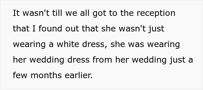 Guest wearing own wedding dress at a reception, surprising others who thought it was just a white dress.