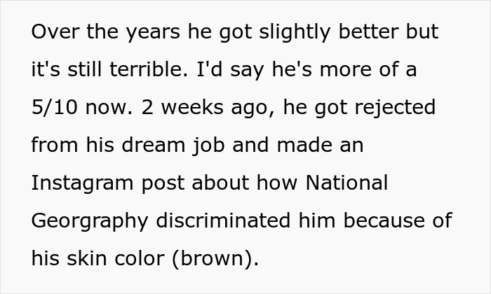 Text about a toxic friend and photographer sharing a social media post about discrimination after job rejection.