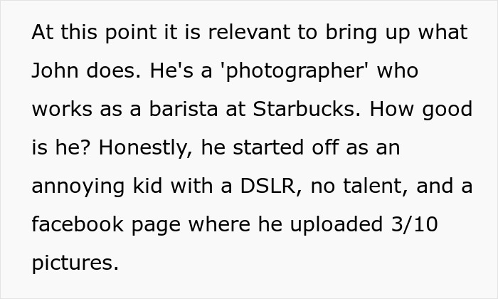 Text about an annoying toxic friend photographer who started with no talent and low-quality photos on social media.