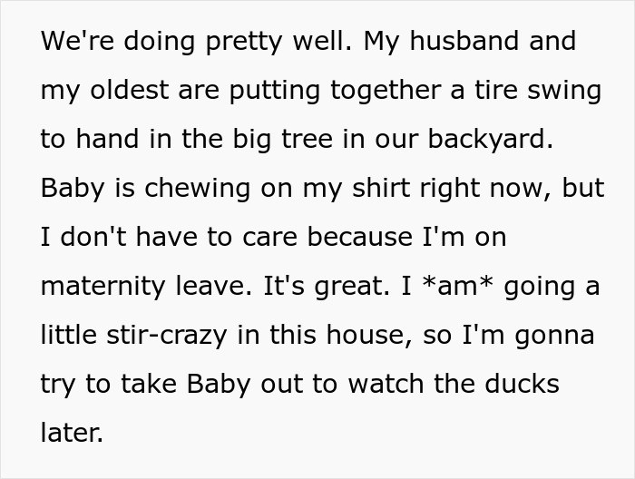 Text update from mom on maternity leave, sharing family moments after kids refuse to see their ex-con mom. Text update from mom on maternity leave, sharing family moments after kids refuse to see their ex-con mom.