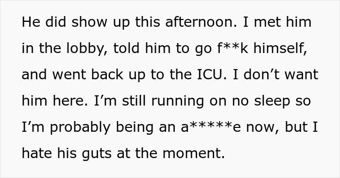 Text showing a person refusing to come home during a family emergency, using boys trip as a disguise for affair.