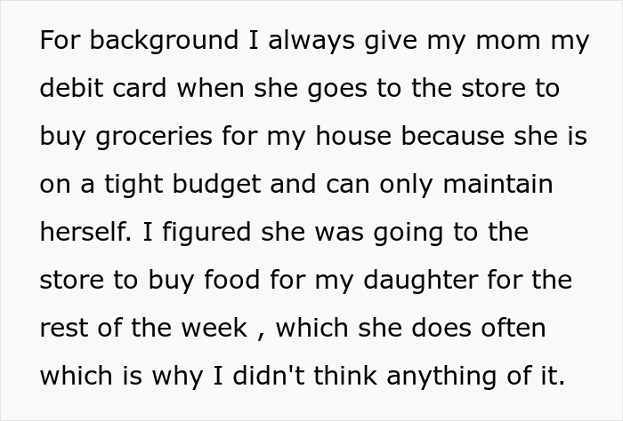 Text excerpt about a single mom managing tight budget and grocery shopping, highlighting financial strain and support needs.