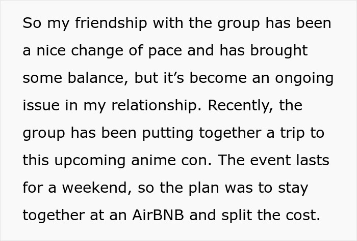 Text about a relationship issue where a girlfriend doesn&rsquo;t want her boyfriend going on a trip with a female friend.