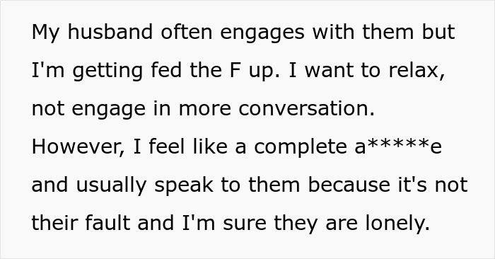 Text excerpt from a mom of 3 describing frustration with talkative neighbors and using a privacy sheet to escape conversation.